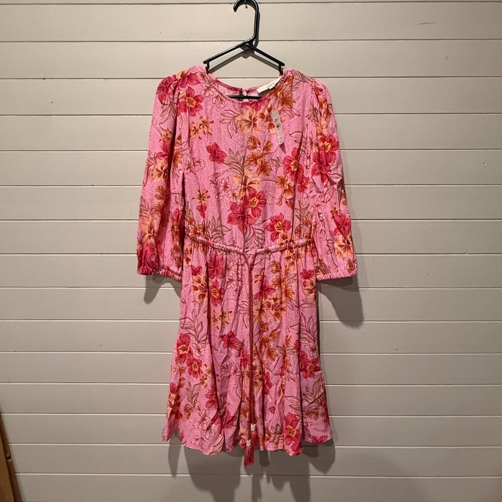 LOFT Floral Open Back Fit Flare Mini Dress Womens S Pink Orange Boho NWT